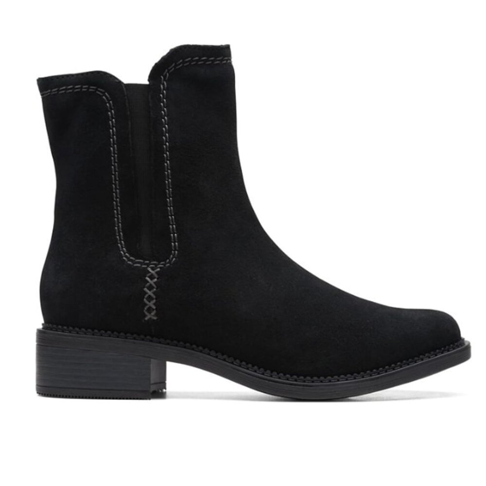 Clarks Maye Zip Ankle Boots Black Suede 7.5 NWT Block Heel - NEW WITH BOX